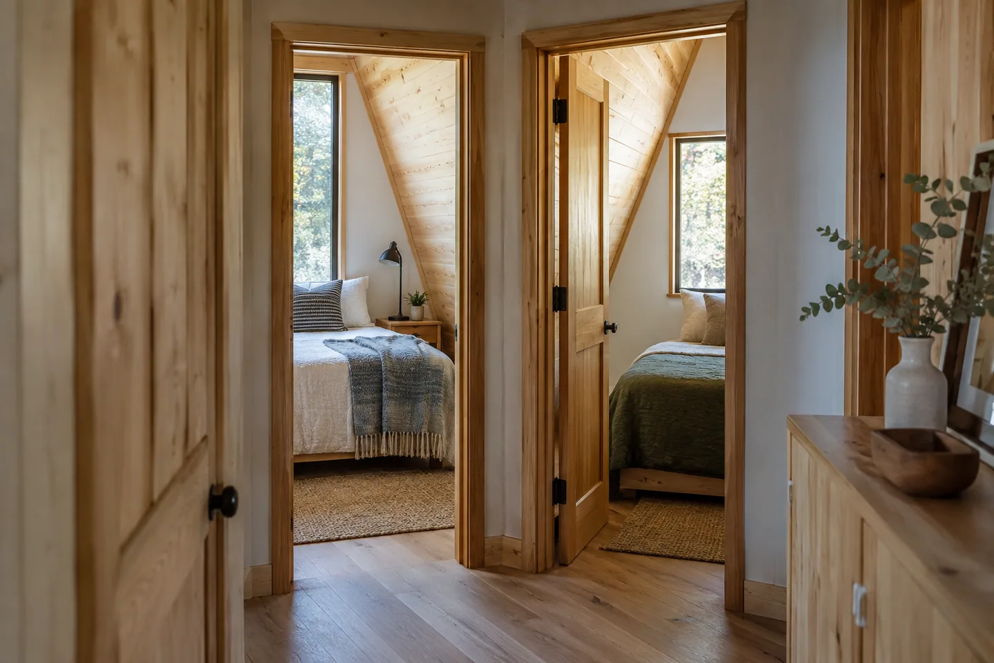 View through a short timber corridor toward two separate compact ground-floor bedroom doors