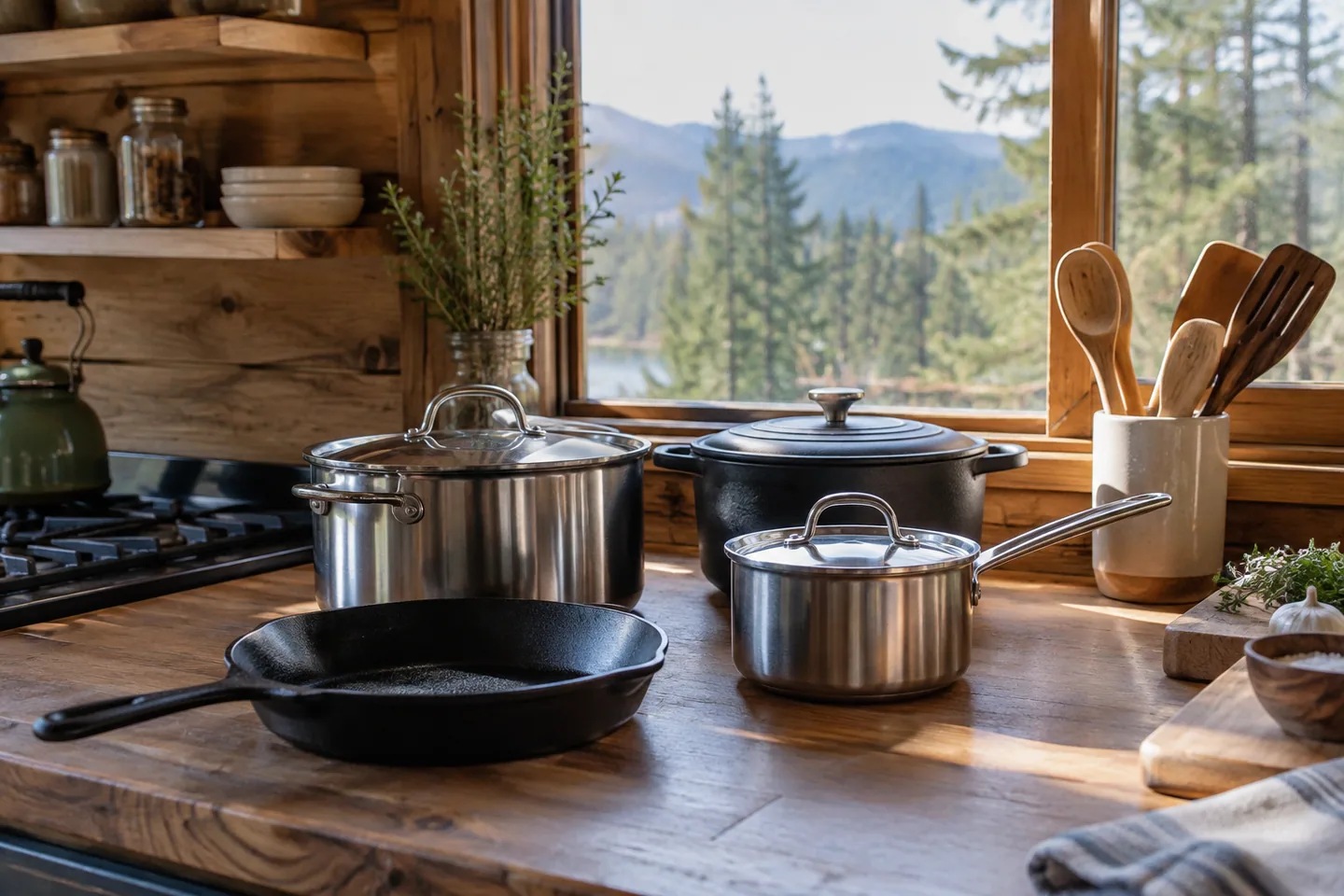 A small selection of durable pots, one skillet and wooden utensils neatly arranged in a cabin kitchen