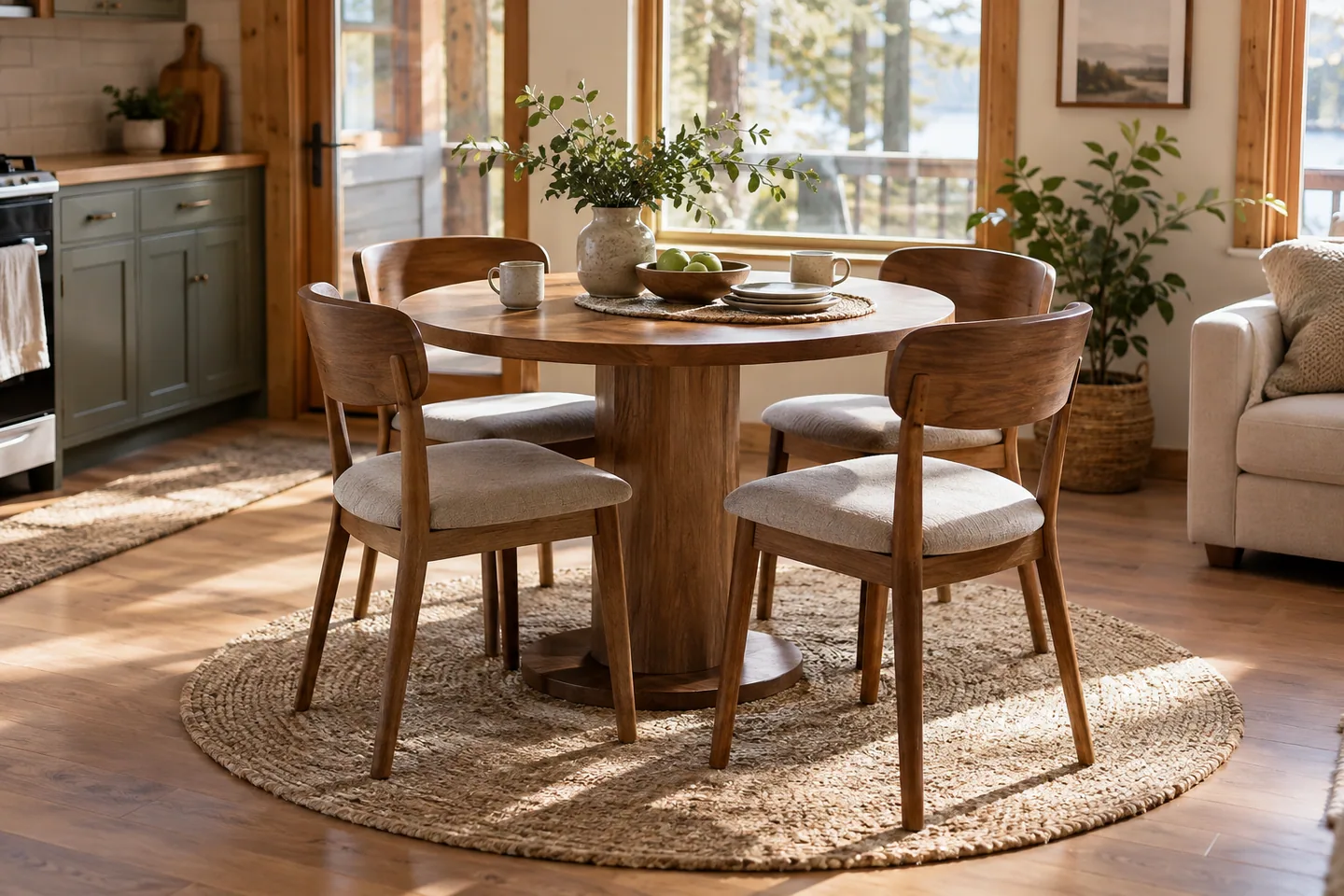 A small round dining table with chairs pulled out for use, visible circulation space around it