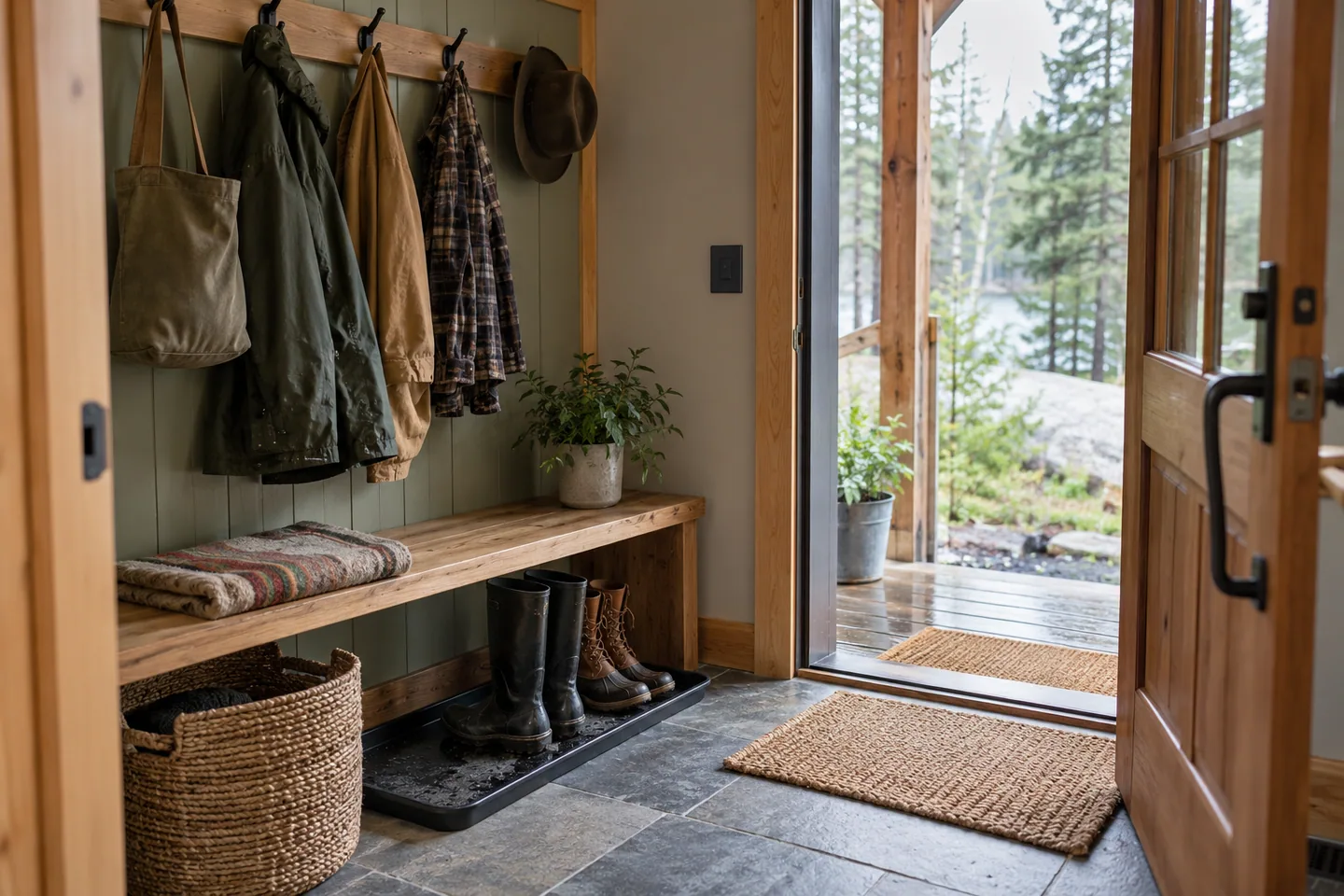 A practical small mudroom with hooks, waterproof boot tray and bench just inside a cabin door
