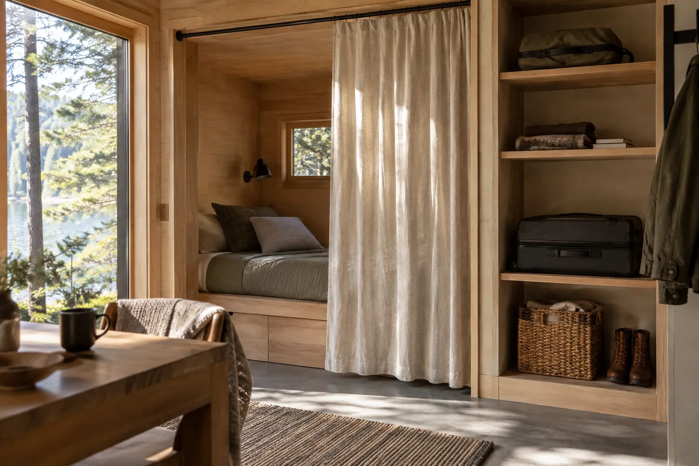 A guest sleeping alcove screened by a linen curtain with a separate luggage shelf
