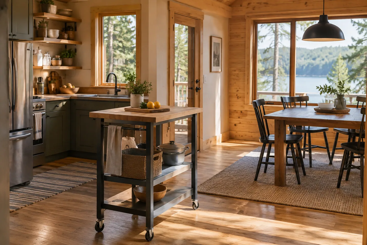 A small movable kitchen prep cart beside an open cabin dining space