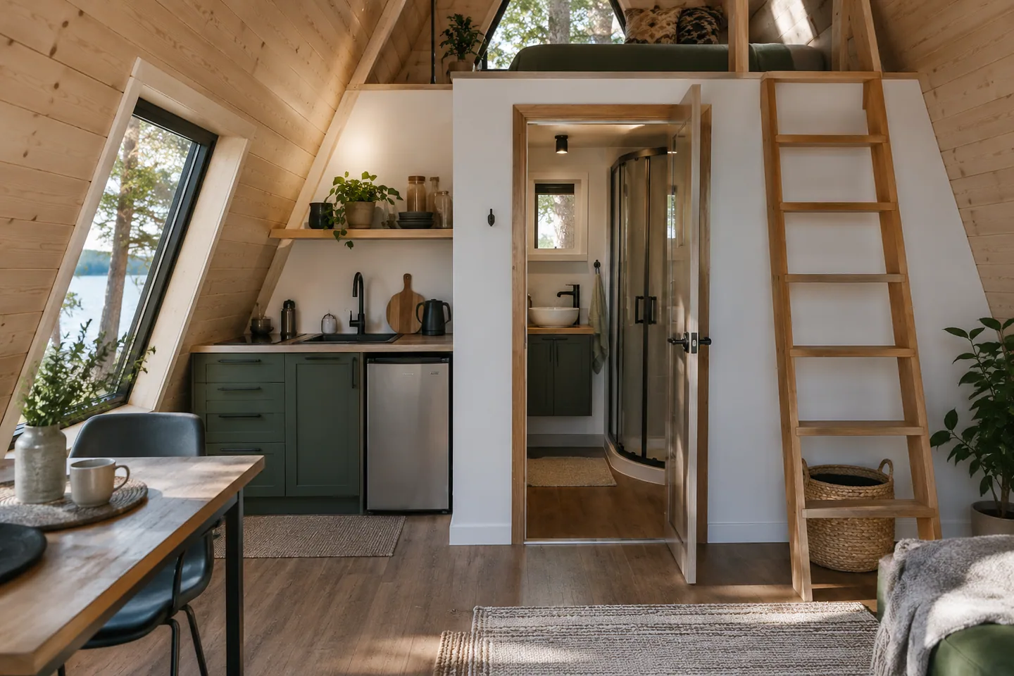 A compact finished kitchenette and bathroom core within a very small A-frame interior