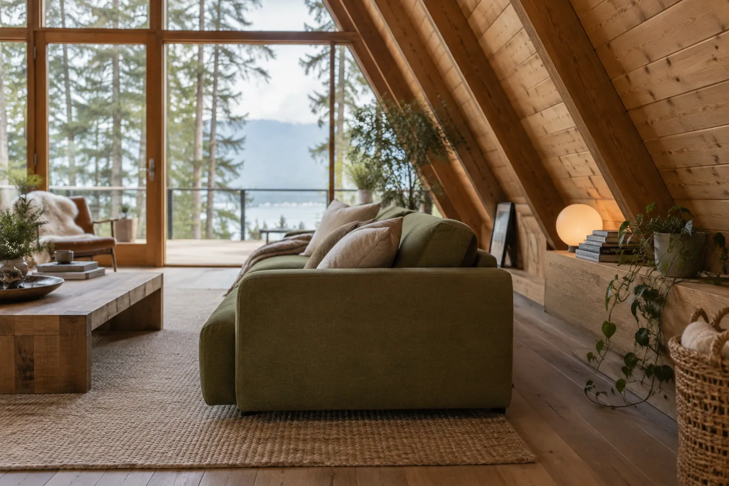 A low-backed olive sofa set forward from a steep sloping cabin wall, side profile