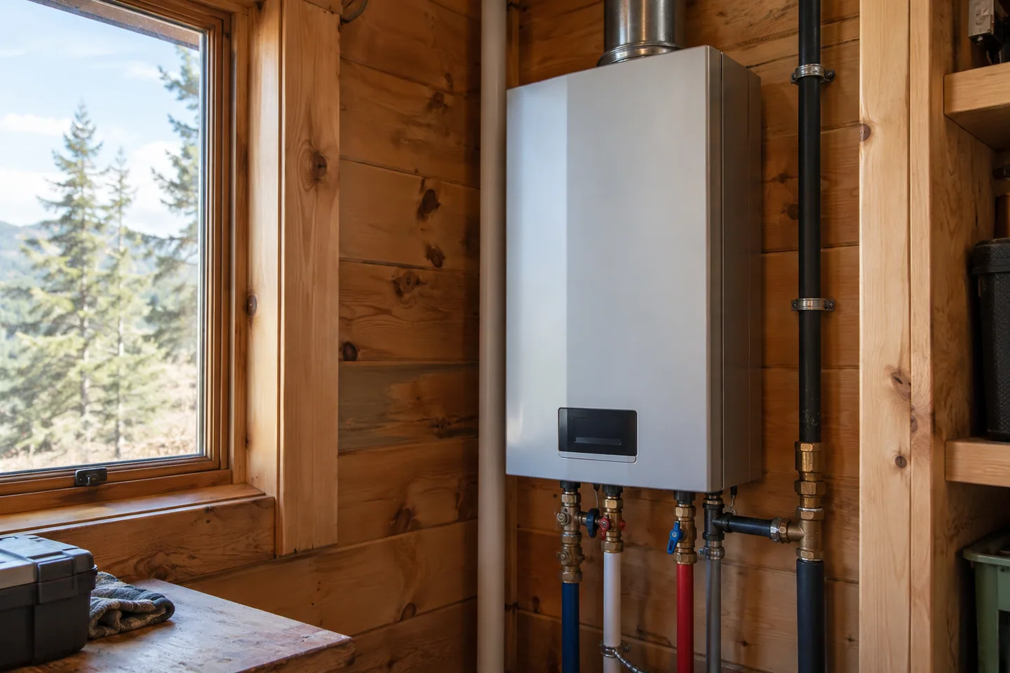 A closed compact wall-mounted water heater in a cabin utility niche with neat visible pipework