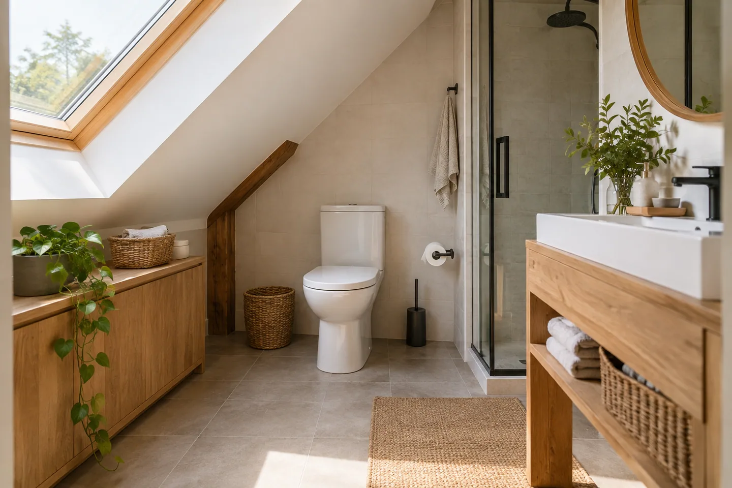 A toilet positioned beneath the taller part of a sloping roof with clear standing room in front