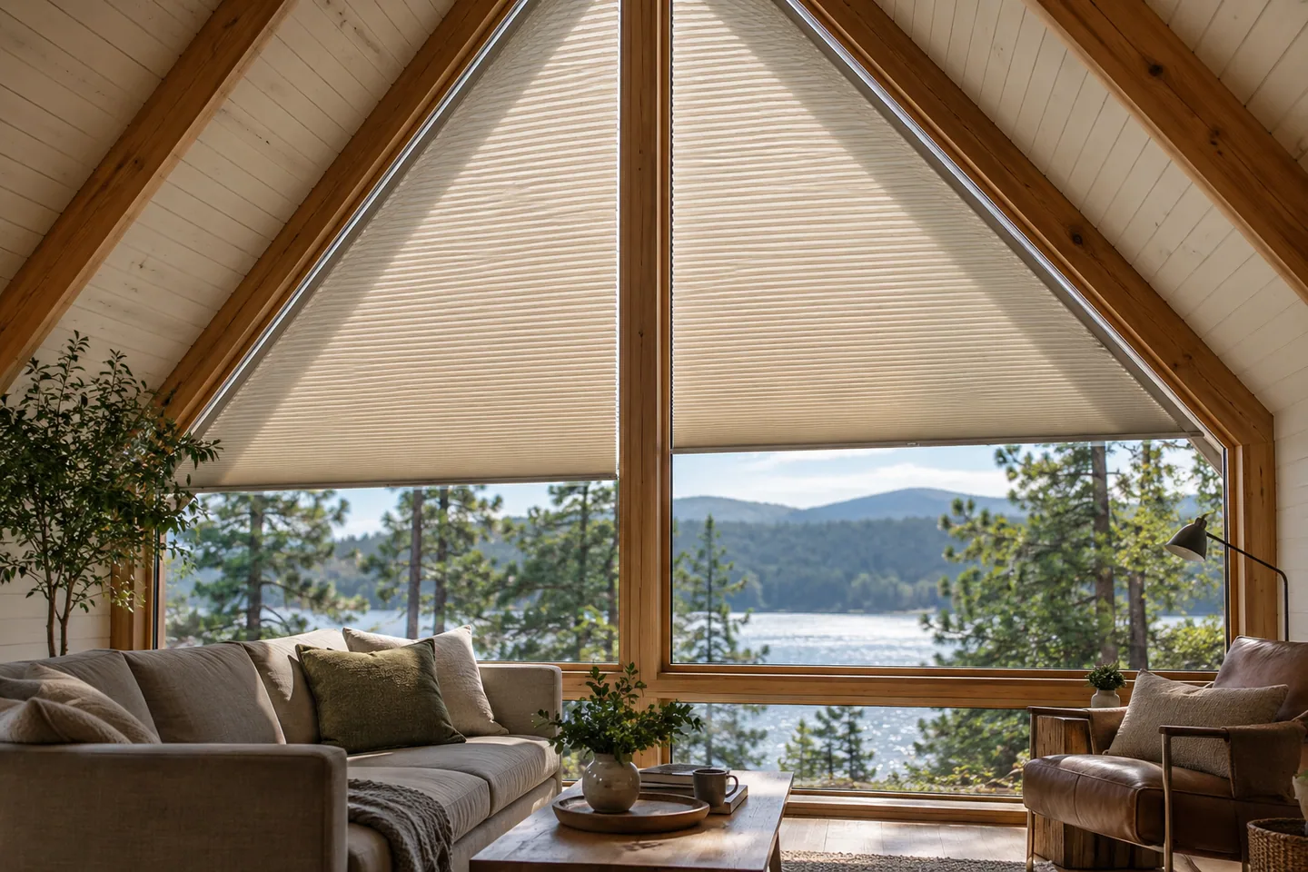 Custom triangular pleated blinds partially lowered over a tall cabin end window