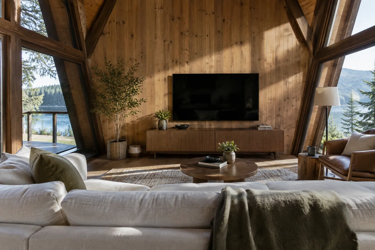A low television console on an upright cabin end wall, seating faces it without blocking windows