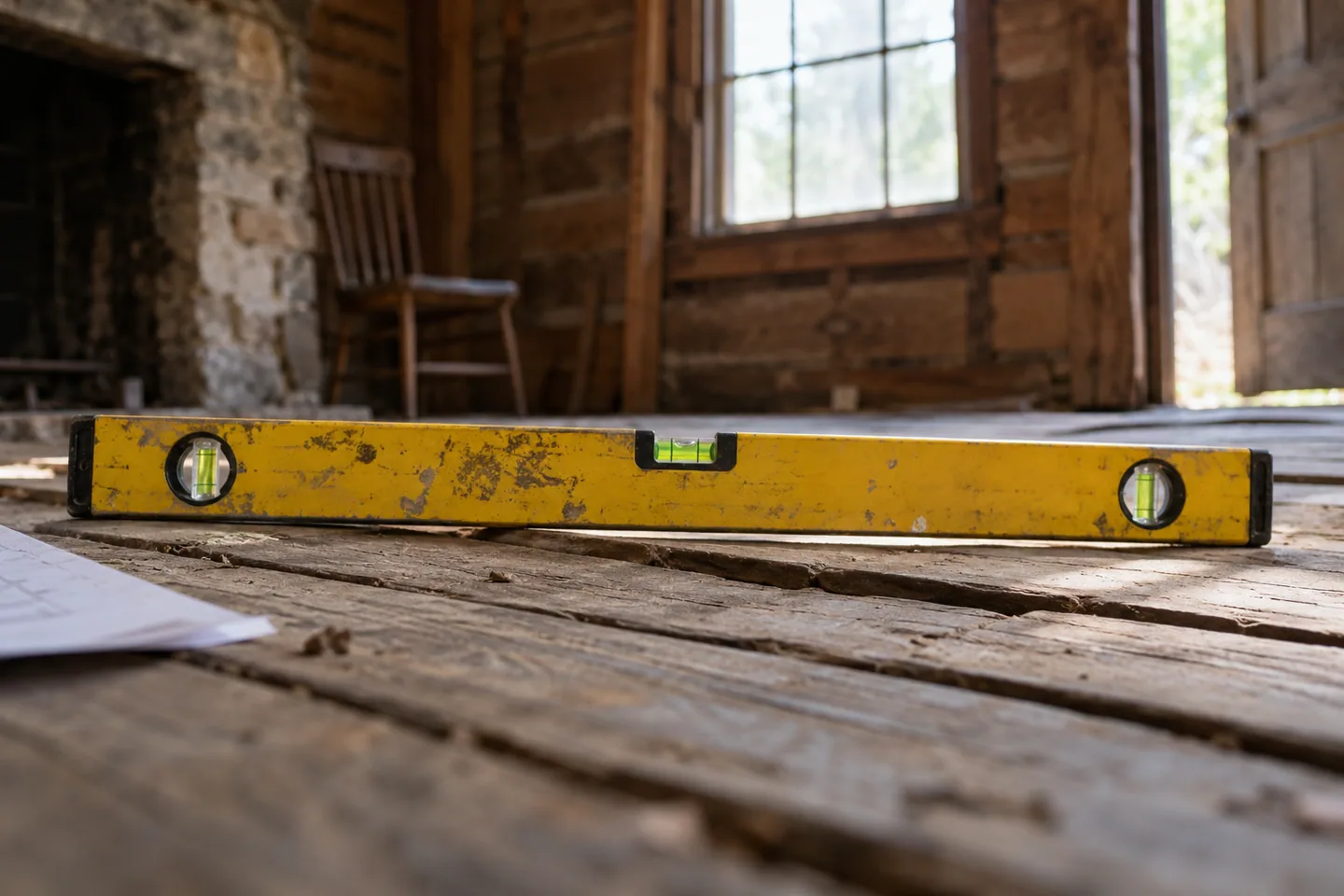 A long spirit level resting on uneven old cabin floorboards, observational close-up