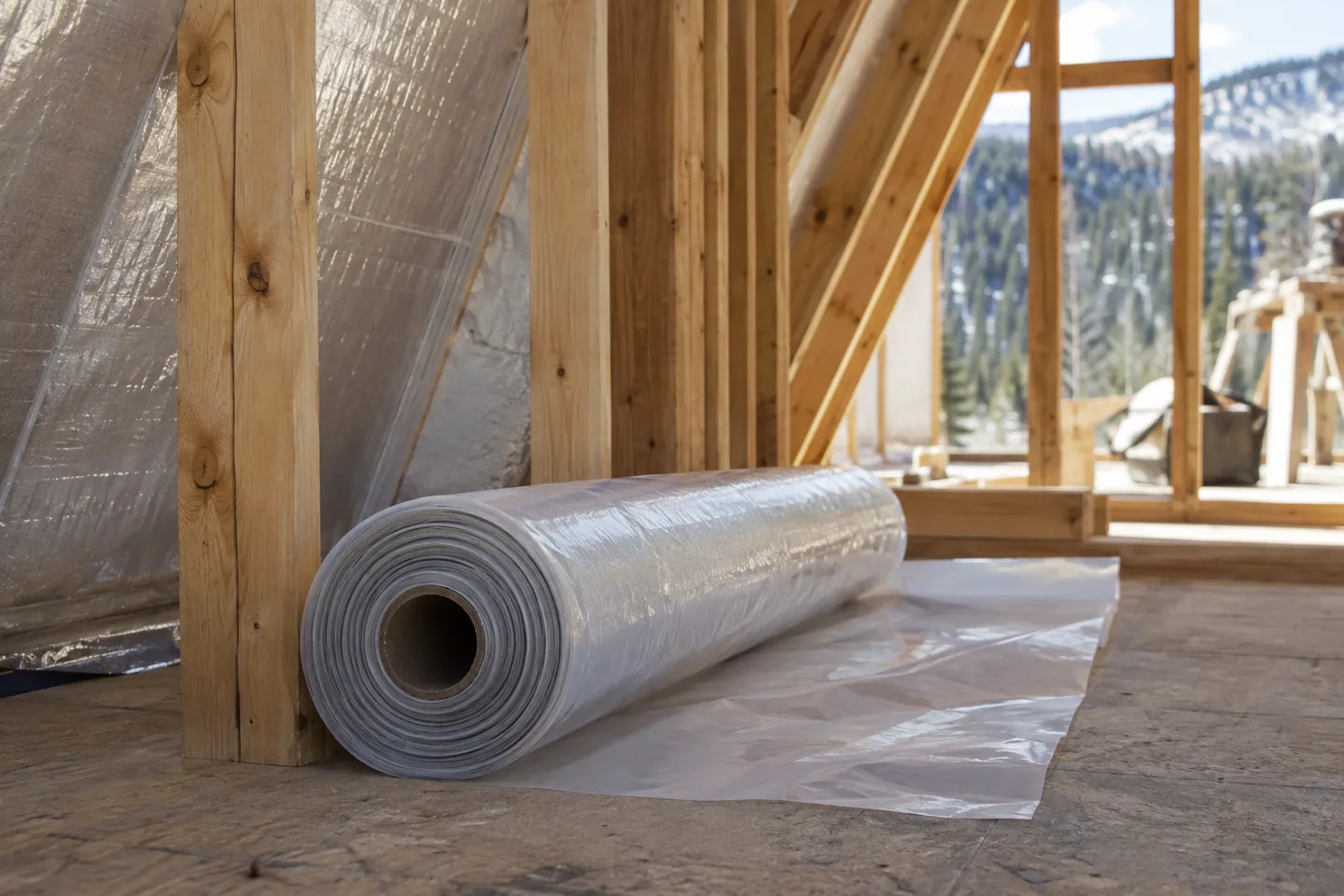 A neatly rolled vapor-control membrane beside timber framing indoors