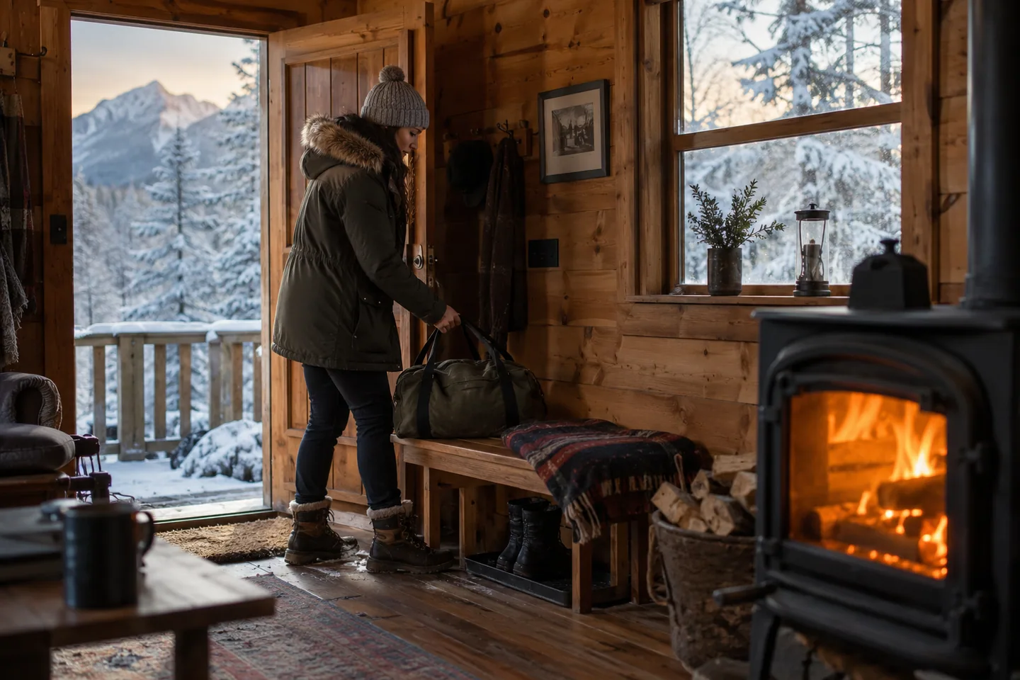 A visitor in a winter coat setting a bag inside a cold cabin while soft heating light glows