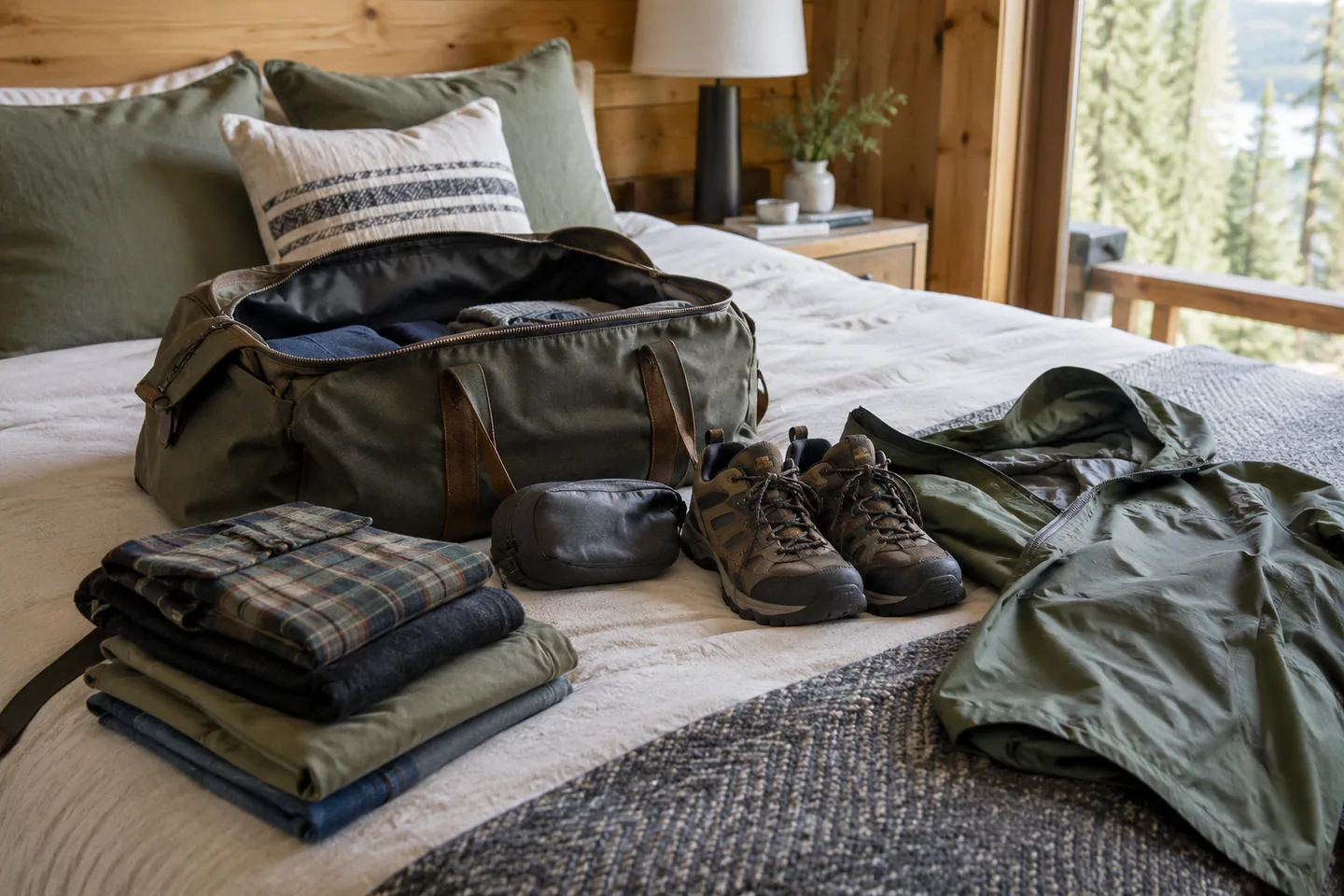 An open weekend travel bag beside folded clothes, walking shoes and a rain jacket on a cabin bed