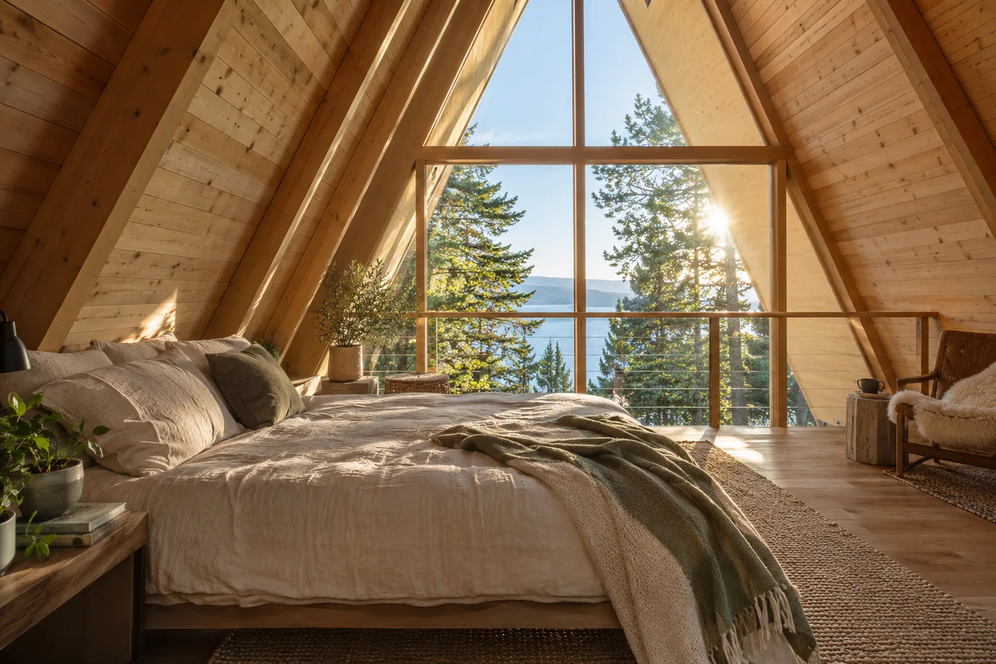 Sunlit upper A-frame loft with a linen bed and bright high glazing on a warm summer afternoon