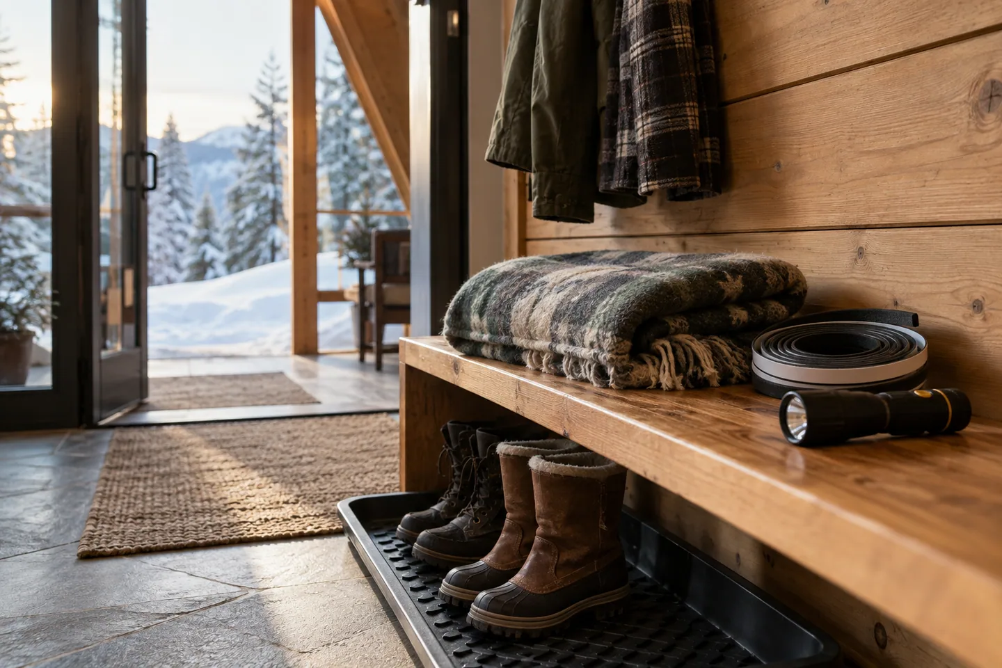 Boot tray, folded winter blanket, sealed weatherstripping roll and flashlight on a cabin entry bench