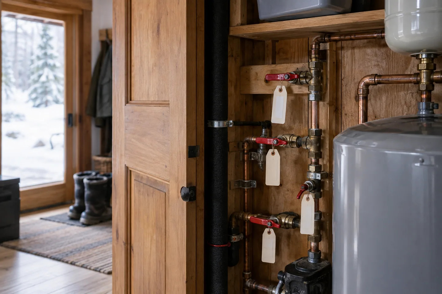 Shutoff tags on closed cabin plumbing valves in a utility cupboard