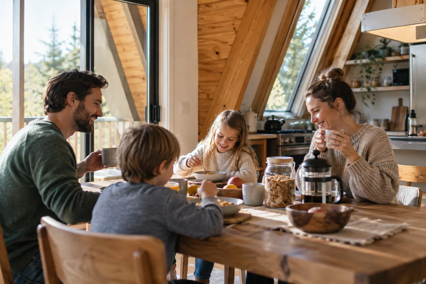 A family breakfast scene in a modest A-frame kitchen, everyday use, natural candid composition